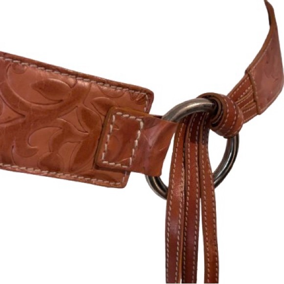 Harold’s Leather Brown Belt Fringe Brown Embossed Tooled Floral Boho Vintage SM - Picture 8 of 11
